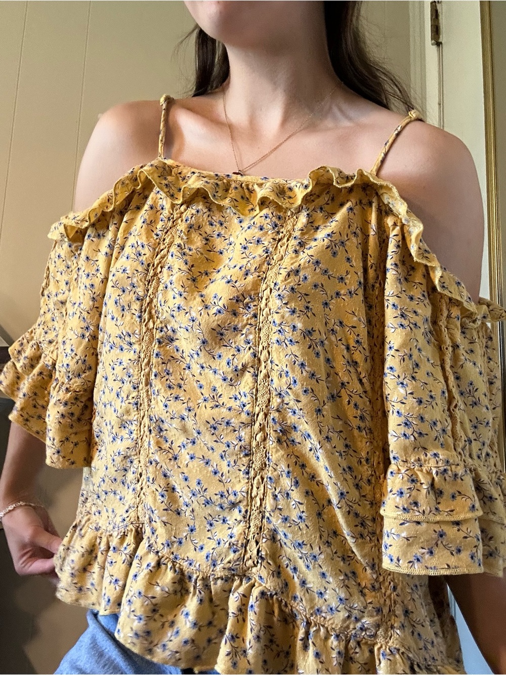 American Eagle Outfitters Mustard Yellow Floral Cold-Shoulder Ruffle Crop Top